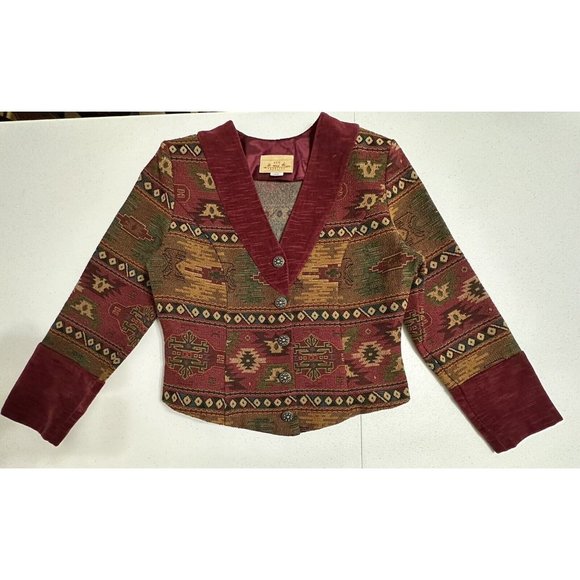 New‎ Frontier Vintage Southwest Tapestry Red Velvet Trim Cropped Jacket Concho L - Picture 1 of 5